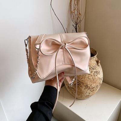 Fashi Bow Pleated Design Shoulder Bags for Women Versatile Ladies Square Crossbody Bag Solid Color Sweet Girls Pu Handbags
