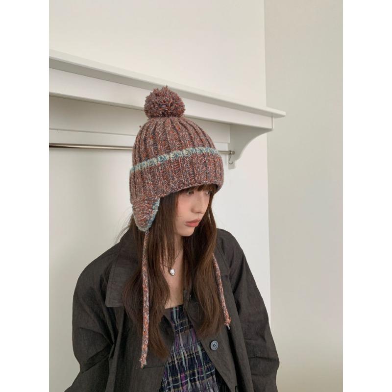 Fashion Knit Hat With Ear Flaps Tie Pom Pom Warm Winter Hat
