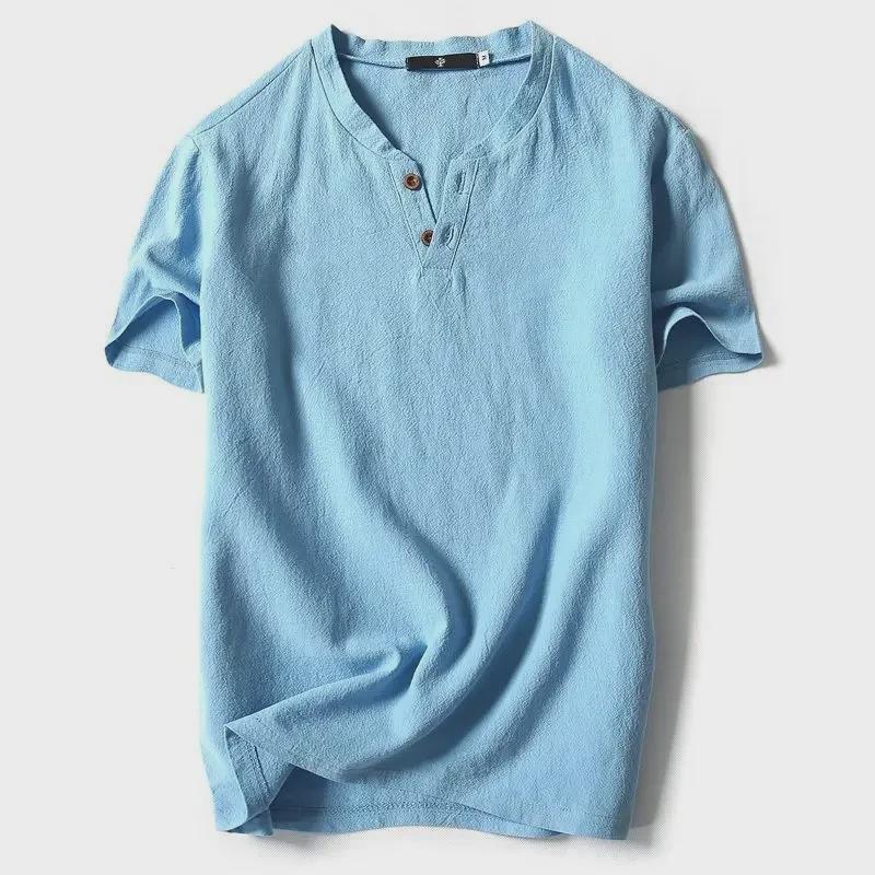 Men's Chinese-Style Short-Sleeve V-Neck Linen T-Shirt