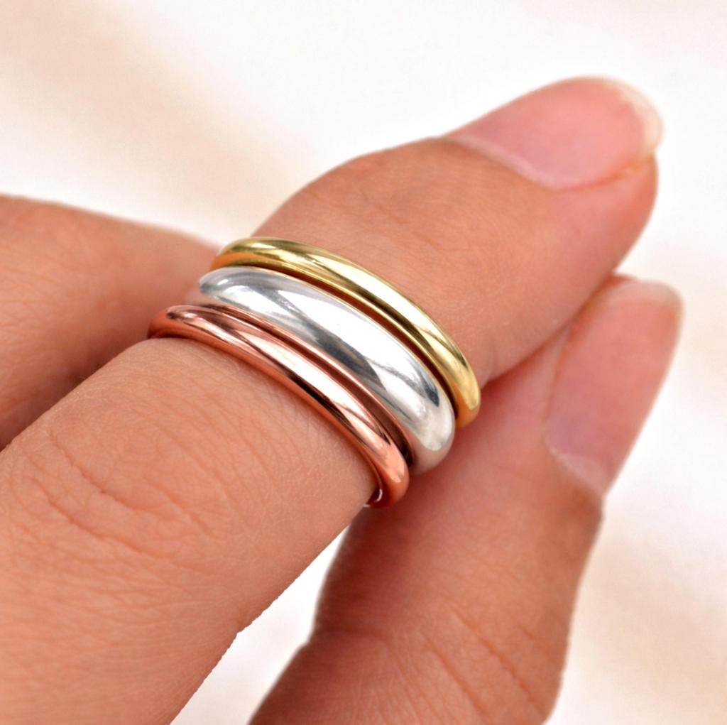 Mixed Metal Dome Ring Set – Silver Copper Brass Stacking Band Rings, Minimalist Handmade Jewelry