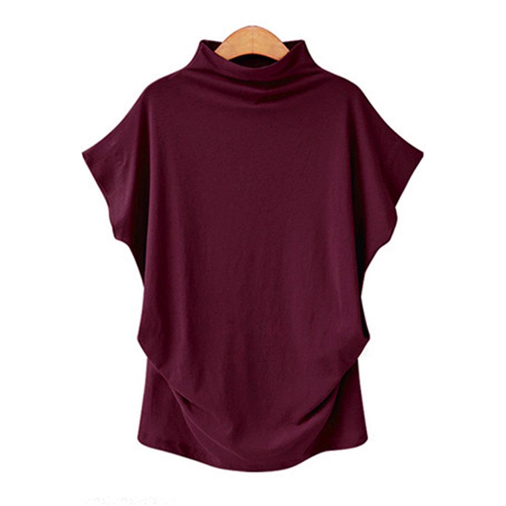 Large Size Women's Half High Collar Bat Sleeve Top Solid Color Polyester Cotton Loose Short Sleeve T-shirt Female