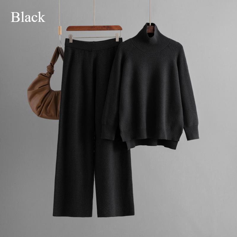 

Модный комплект свитеров весна-осень новые однотонные трикотажные широкие брюки водолазка с разрезом свитер High Sense of Sports Clothing One Size чёрный