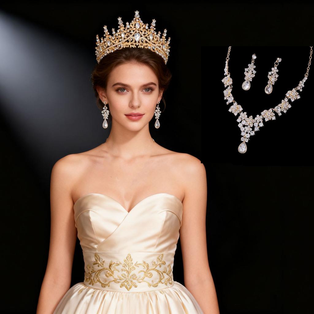 Brautschmuck Halskette Ohrringe Hochzeit Diamantbesetzt Blume Schmuck Kleid Hochzeitskleid Krone Fassung Accessoires