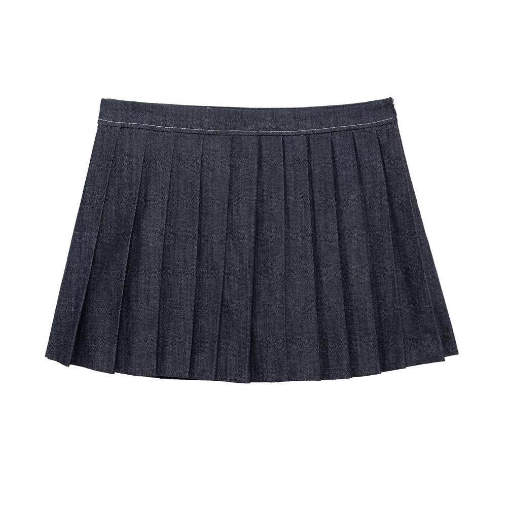 

Комплект женской короткой джинсовой куртки силуэта баллон и плиссированной юбки Весна/Лето 2025 Large темно-синий