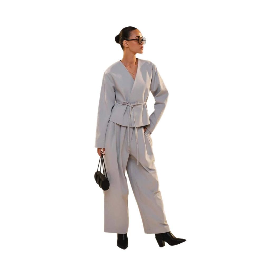 2025 Cross-border European and American Women's Clothing Amazon V-neck Long-sleeved Button-up Workplace Slim-fit Casual Pants Lace-up Set