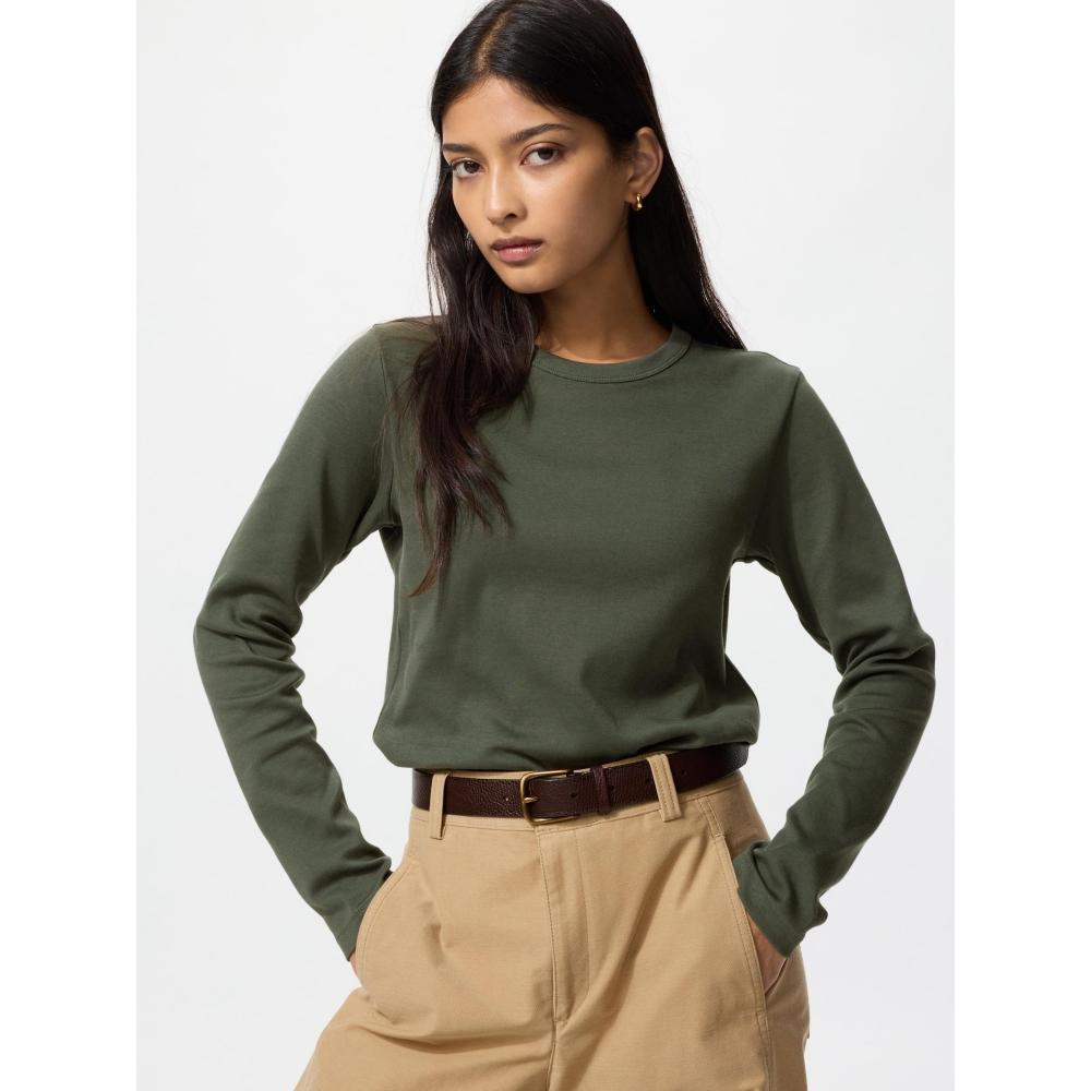 Uniqlo Хлопковая футболка с круглым вырезом и длинным рукавом с гладкой эластичной текстурой