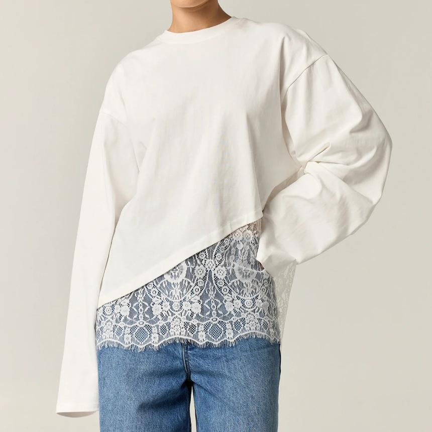 Women S Round Neck Lace Splicing Hem Long Sleeve Loose T Shirt S