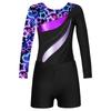 Girls Long Sleeve Round Neck Rhinestones Printed Patchwork Leotard V Front Waistband Shorts Dance Set