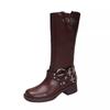 Popular Leather Boots Women's Spring and Summer New Retro Western Cowboy Boots Belt Buckle Martin Boots Soft Leather Sleeve Knight Boots Women