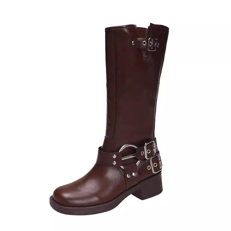 Popular Leather Boots Women's Spring and Summer New Retro Western Cowboy Boots Belt Buckle Martin Boots Soft Leather Sleeve Knight Boots Women