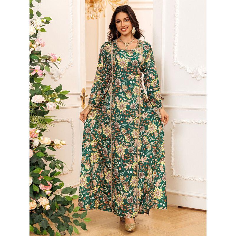 Middle East Cross-Border Women clothes Fashion Print Robe Dubai Women Diamond Waist Lace-up Waist Hugging Dress Dress