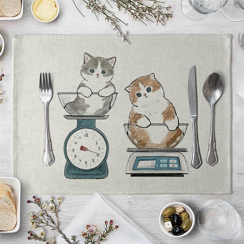 1 Pcs Dining Table Mats Cute Funny Cat Pattern Kitchen Placemat Drink Coasters Western Pad Cotton Linen Cup Mat Table Dining