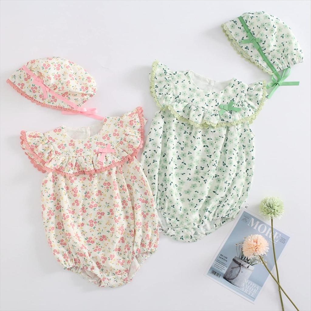Romper Bodysuit Jumpsuit Summer Flower Floral Baby Newborn Hat Set Girls Pink 6Months [Misia Luxury] [27146-27155]