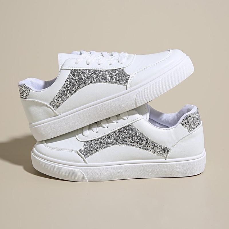 

Белые туфли на плоской подошве новая мода большой размер повседневные кеды с блестками универсальные студенческие спортивные туфли 41 серебряный