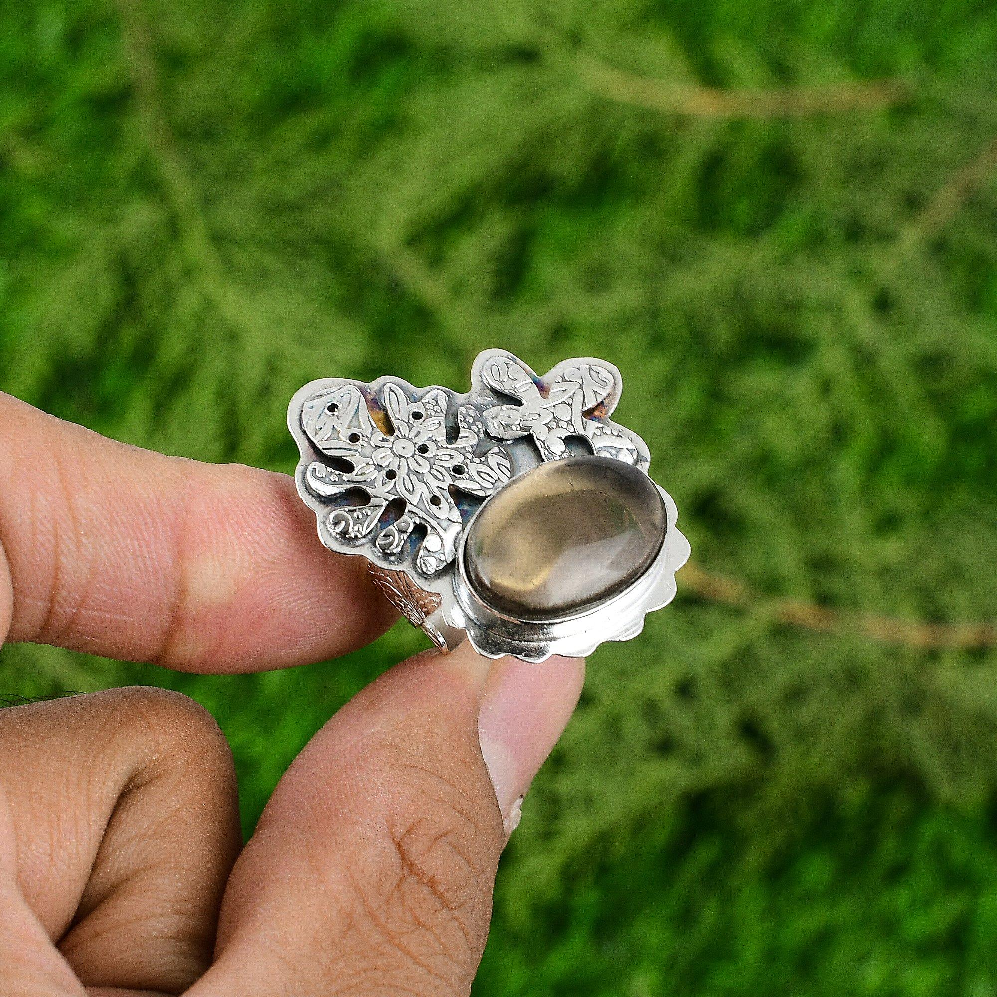 

Natural Smoky Quartz Gemstone Statement Adjustable Ring 925 Silver For Girls Adjustable