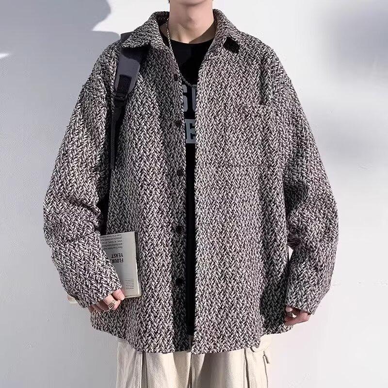Pánský nový retro kabát z hrubé vlny na klopy, volný