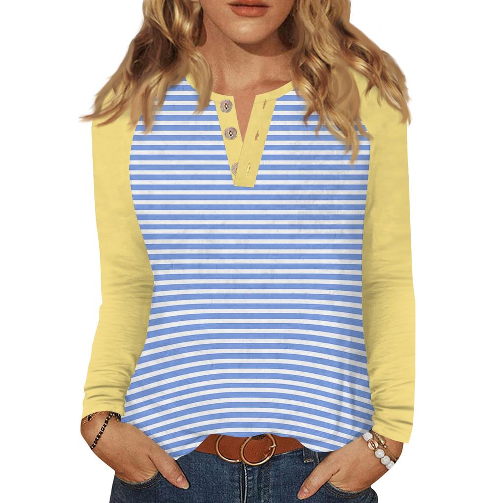 Damen T-Shirt Print Knopf Langarm Täglich Wochenende Mode Basic V-Ausschnitt Regulär Oberteil