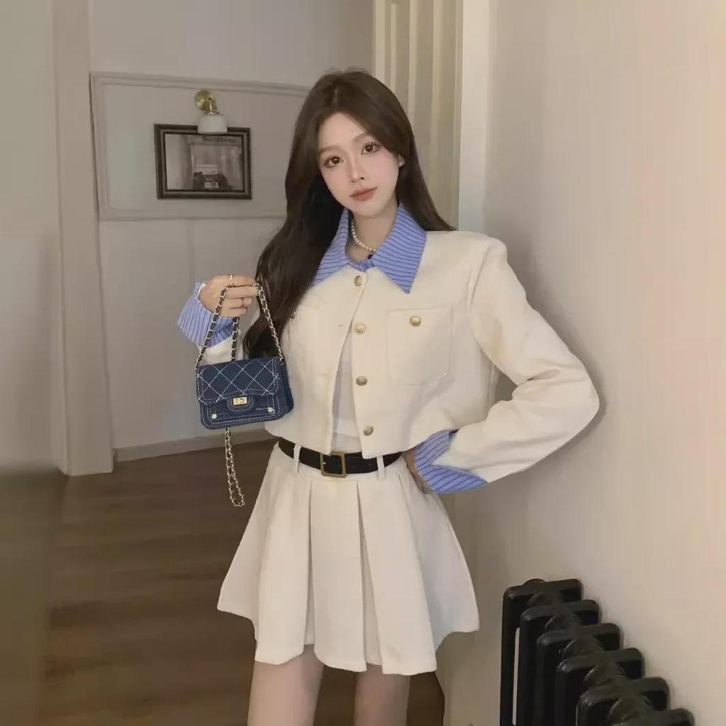 2024 Fall/Winter Women's Long-Sleeve Stitch Shirt Jacket & Pleated Skirt Set