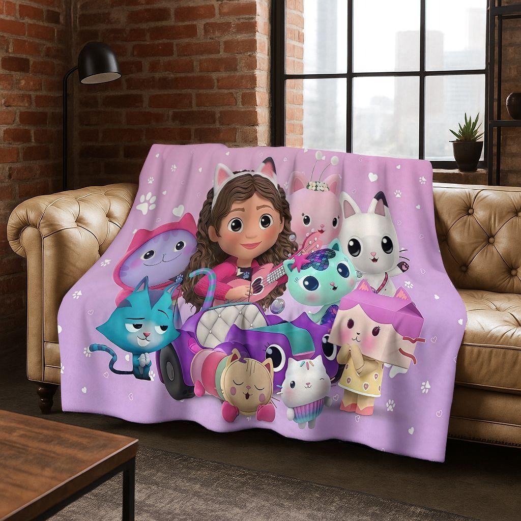 Cute Gabbys Dollhouse Cartoon Girl Kids Flannel Blanket Soft Warm Throw Blanket for Bed Bedroom Room Living Room Christmas Gift