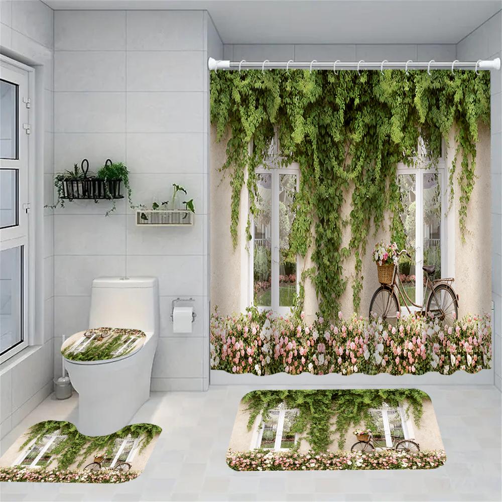1/4 Forest Waterfall Print Shower Curtains, Toilet Seat Decoration, Shower Curtain with Carpet and Toilet Lid, 70.8x70.8 Inch