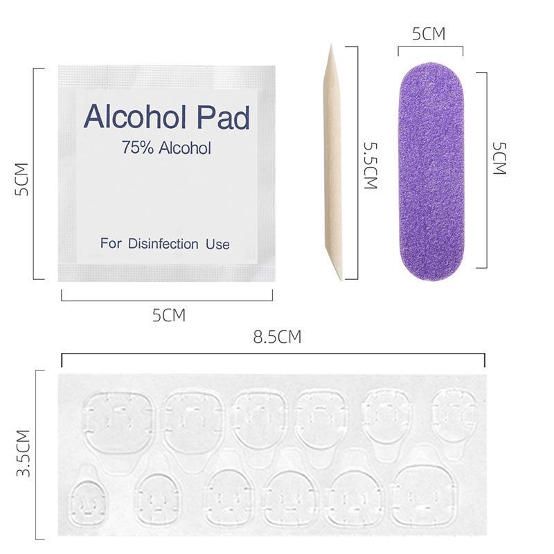 Nail Art Kit: Doppelseitiger Gelee-Kleber, Holzfeile, Alkoholtupfer und Zubehör.