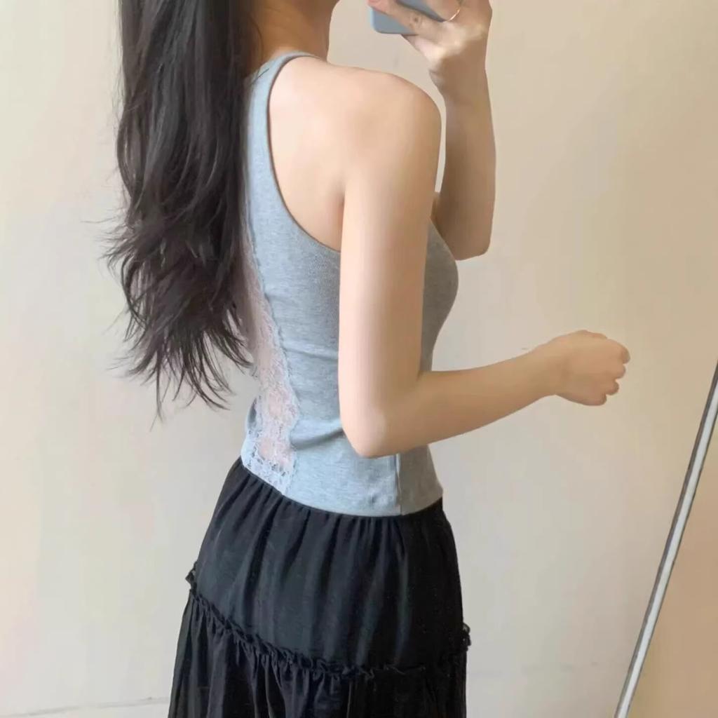 Summer sleeveless sling vest women's sexy pure desire style chic design sense back lace splicing outer top tide