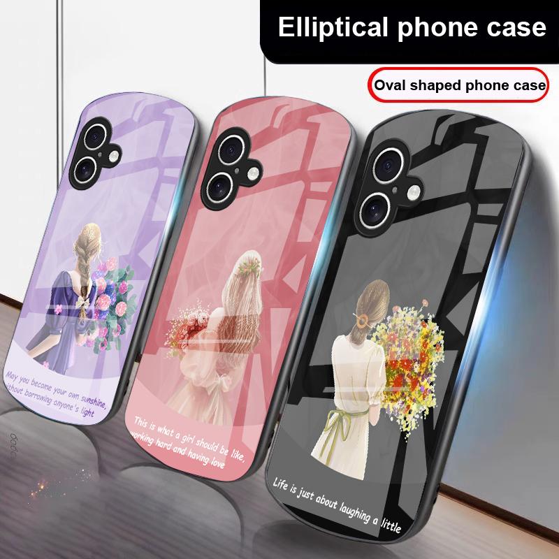 The Girl Holding Flowers For iPhone 17 16 15 14 13 Plus 12 Mini 11 Pro Max XR Xs Max X 7 8 6S 22 20 Elliptical Glass Phone Case