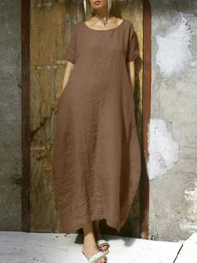 2023 Women's Cotton Linen Dress Loose Fit Round Neck Slit Belted Design