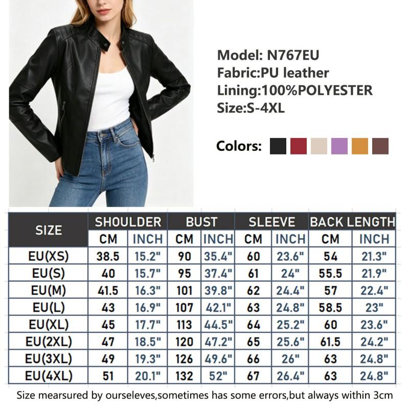 Womens Slim Fit PU Leather Jacket Stand Collar Plus Size Moto Style