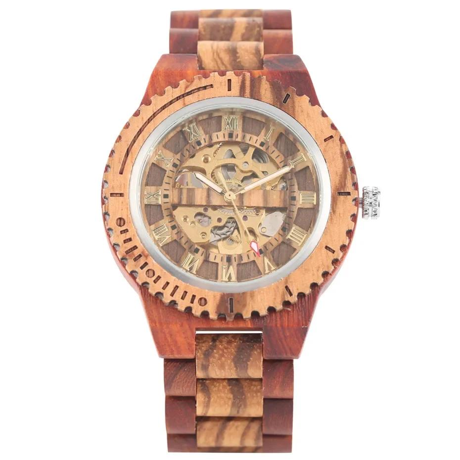 

Exquisite Hand Crafted Wooden Mechanical Watch High Quality Wooden Bangle Watchband Roman Numerals Display Clock Reloj De Madera червоний