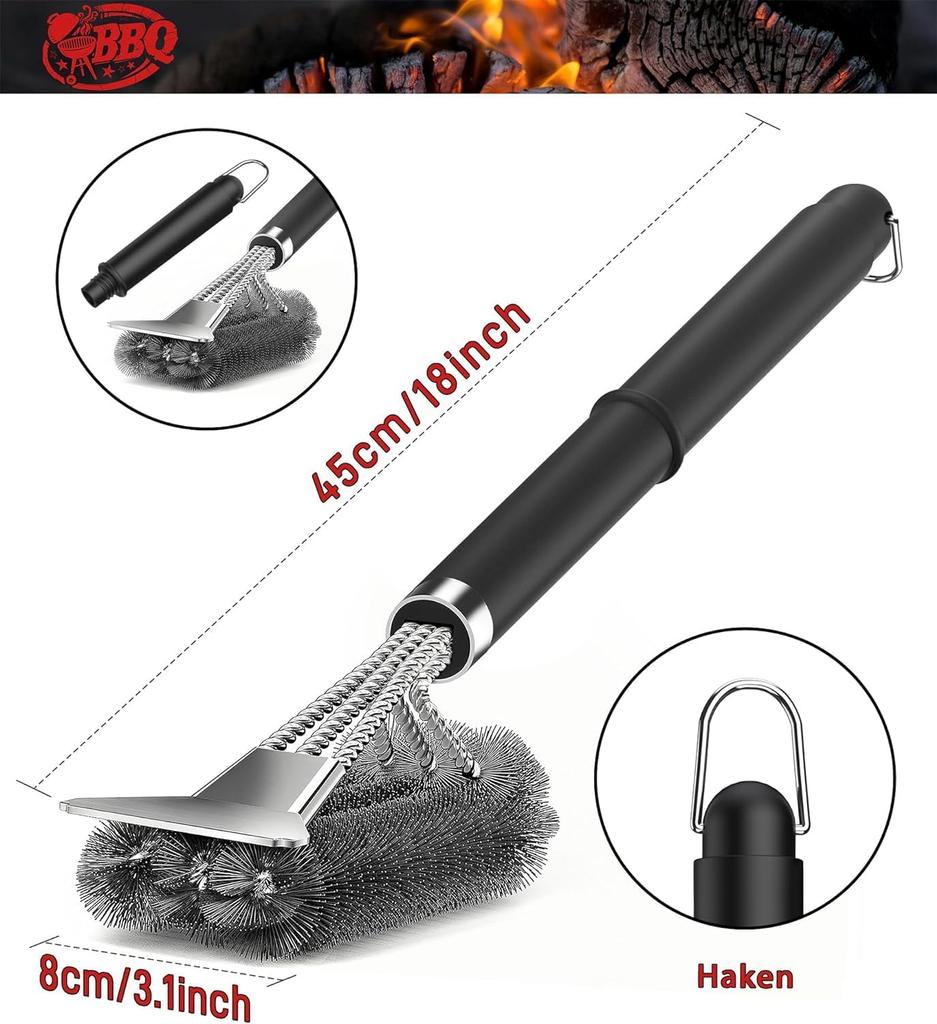Grill Brush with Scraper 18" Adjustable Handle BBQ Grill Brush for Outdoor Grill Extra Strong Grill Cleaner Accessories for Grill/Smoker