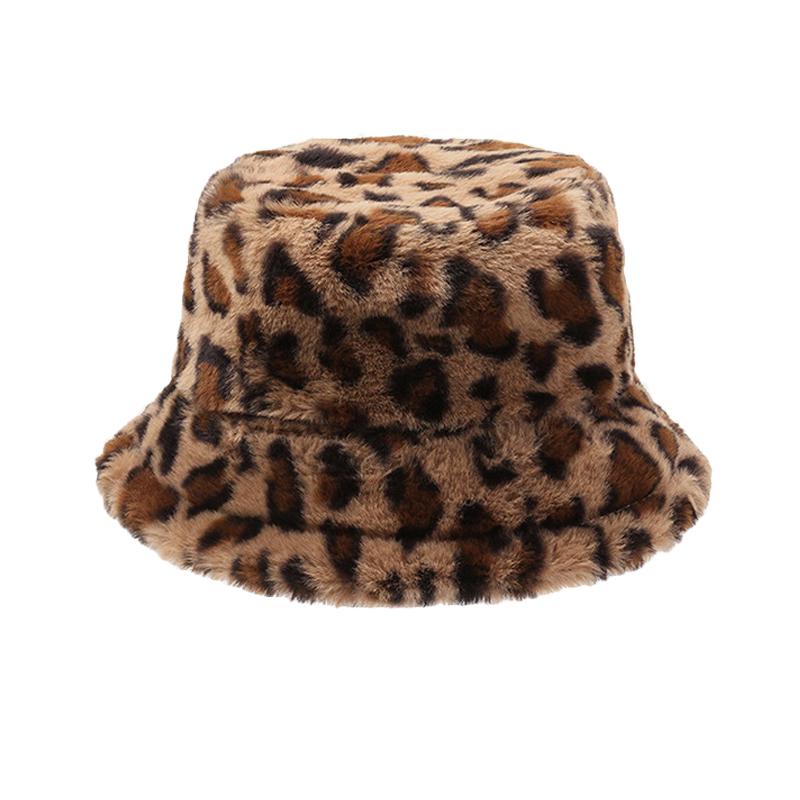Women's Winter Leopard Fisherman Hat Warm Basin Hat Plush Bucket Hat