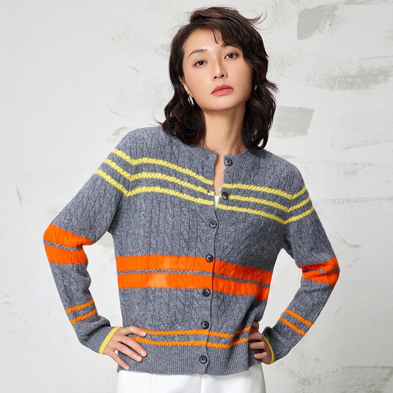 2025 Autumn/Winter Women's Round Neck Color Block Cable Knit Cardigan Sweater