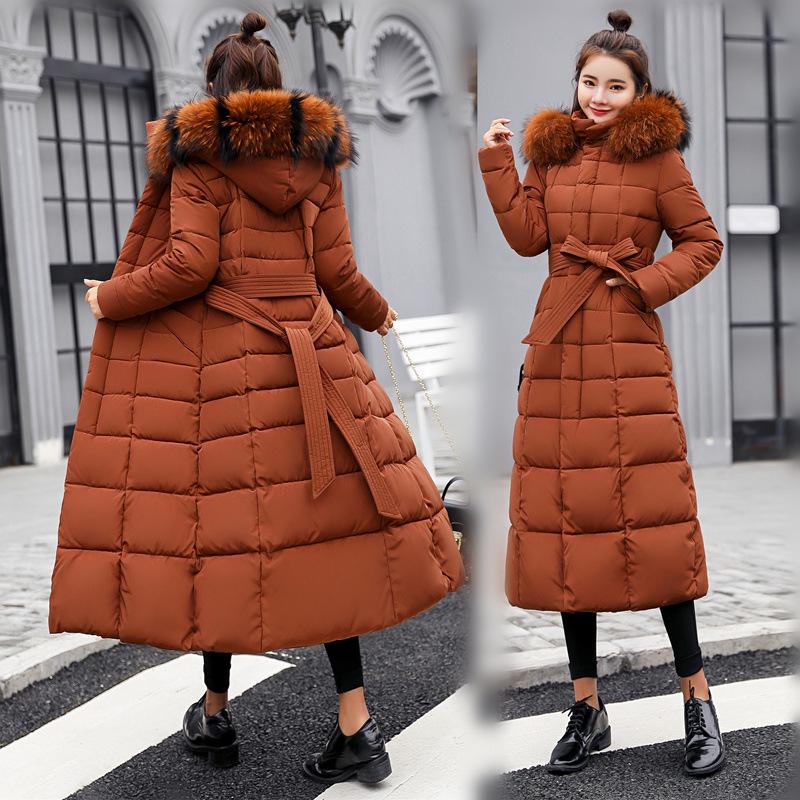 Women's Long Cotton-Padded Jacket with Belt, Over-the-Knee, Slim Fit, Korean Winter 2025 Style.