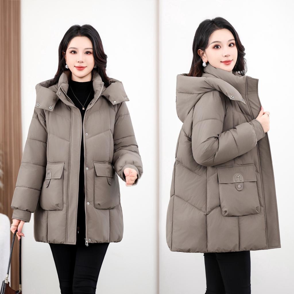 Removable Hat Winter New Women's Medium and Long Cotton Clothes Thickened Loose Warm Middle-aged and Elderly Cotton-padded Clothes Cotton-padded Jacke