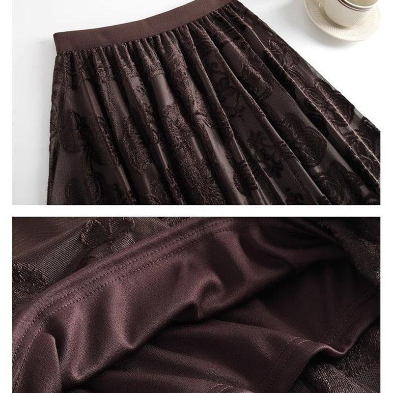 Women's Mesh Flocked Skirt Wide Flare High-Waisted Elastic Waist Gold Velvet Skirt A-line Pleated Skirt