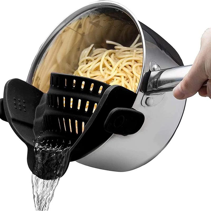 

1pc Adjustable Silicone Clip-on Filter Drain Rack Pasta Noodles Vegetable Fruit Strainer Colander Kitchen Gadgets чорний