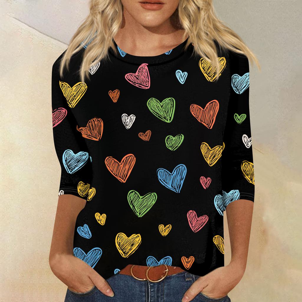 Women's Fashion Casual Round Neck Three-quarter Sleeve Carnival Print T-shirt Top