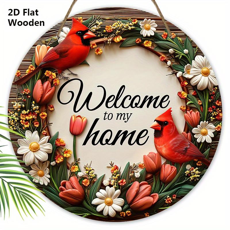 2D Flat Classic Cardinal Wooden Christmas Sign, Charming Decorative Plaque with Wreath Pattern, Ideal for Front Door, Home, Office Decor