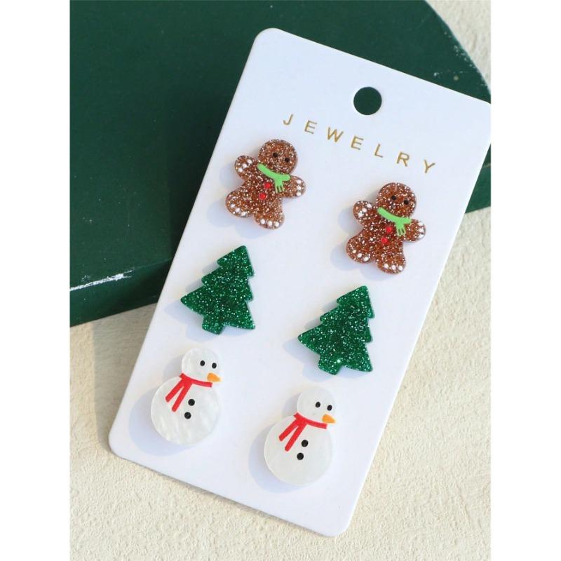 Christmas New Piece Set Christmas Earrings Handmade D Christmas Tree Gingerbread Man Snowman Acrylic Pendant Earrings