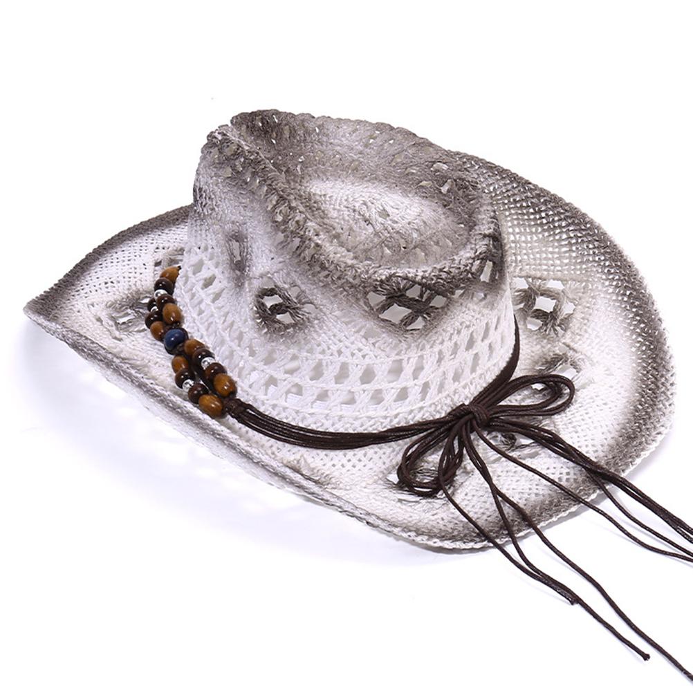Halm cowboy cowgirl lue for menn kvinner bred skygge hul pustende solhatt med perlebånd