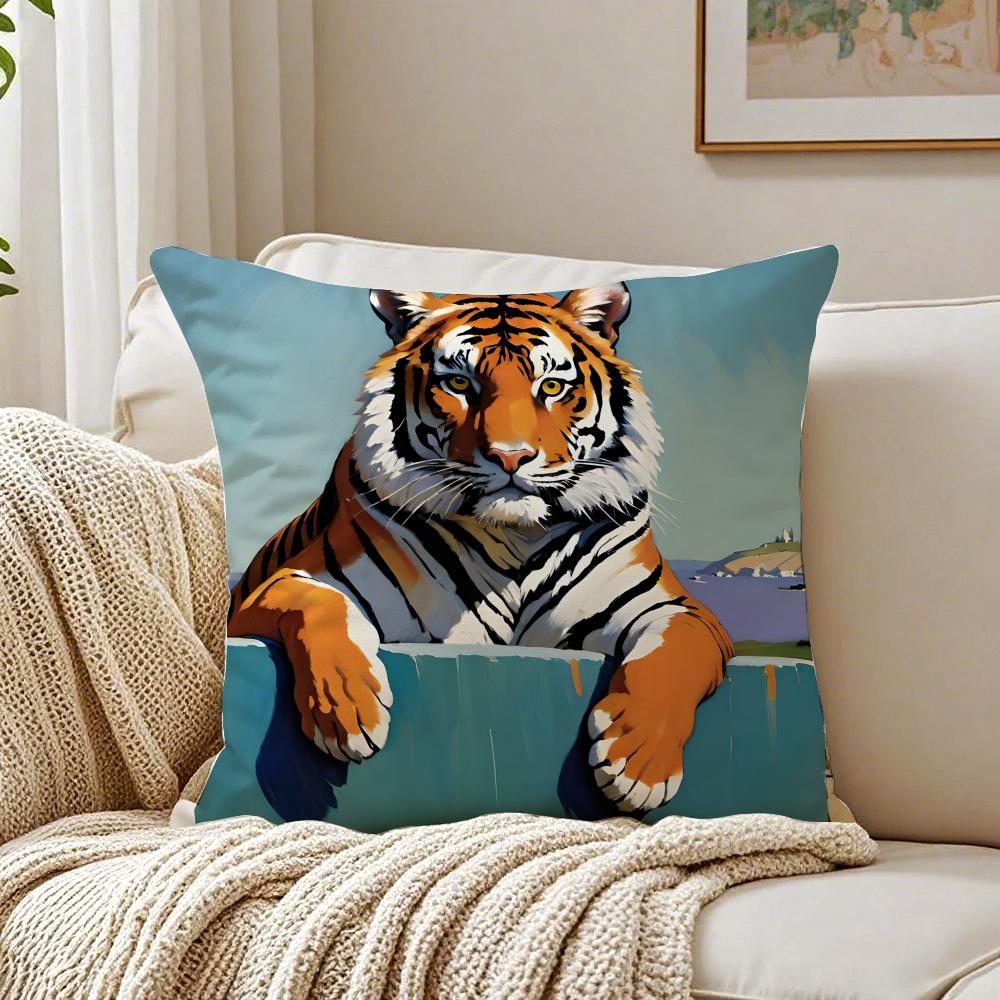 Cute Tiger Pillow Retro Painting Cushion Cushion Cover Pillowcase Antidustmite living Room Sofa Decor Cushion Room