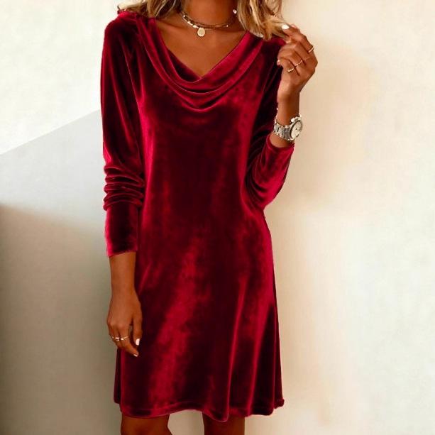 

2026 Women s Autumn Winter Velvet Dress with Long Sleeves and Swing Collar 2X Large синий