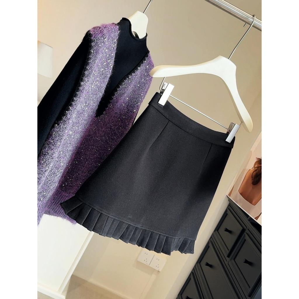 Plus Size Grey Pleated Wool A-Line Mini Skirt for Spring/Autumn