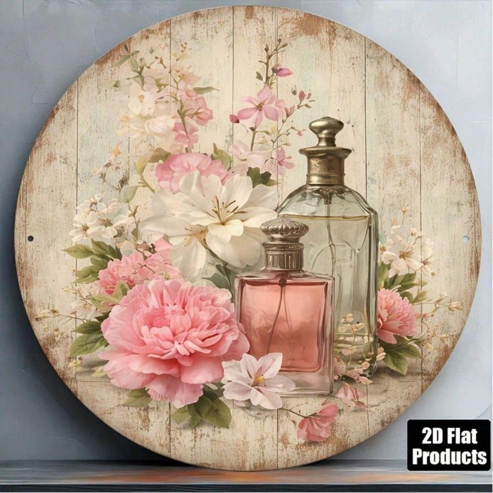 Vintage Round Metal Wall Art Sign with Perfume and Flowers Decor for Living Room