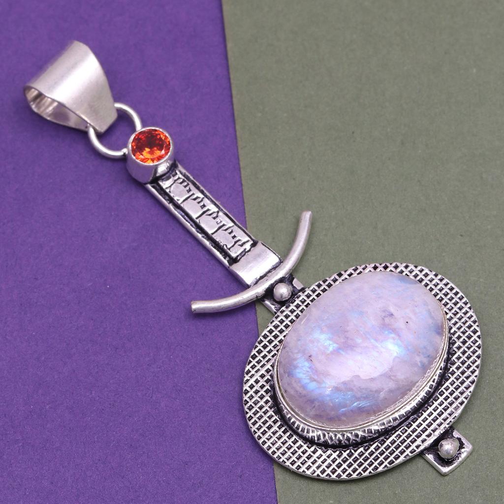 Silver Necklace Moonstone  Gifted Rainbow Jewelry Pendant Gemstone 18"