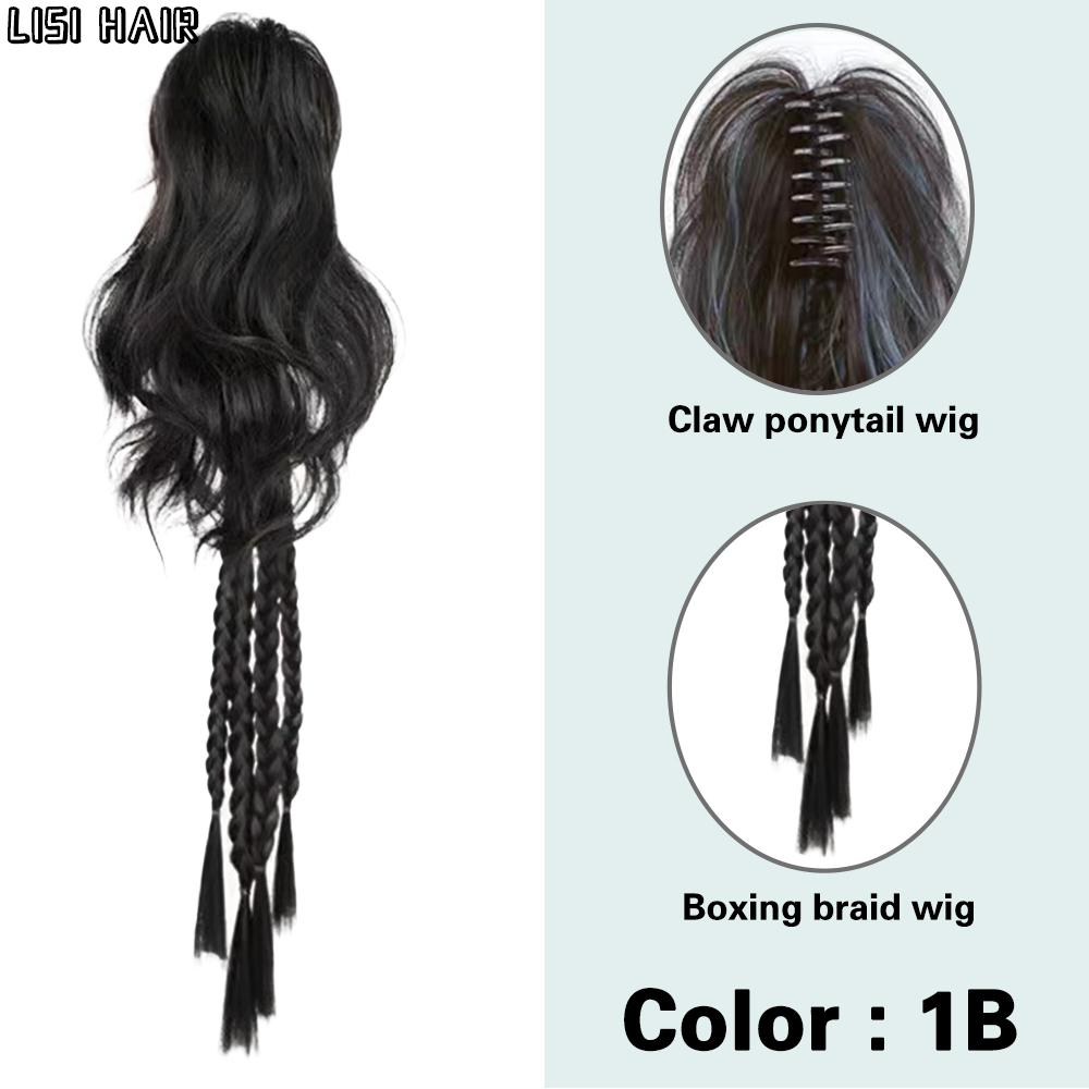 LISI HAIR Syntetisk langt hår flette hestehale krøllete hår hestehale flette parykk klo klips hestehale forlengelse 24 tommers hårstykke