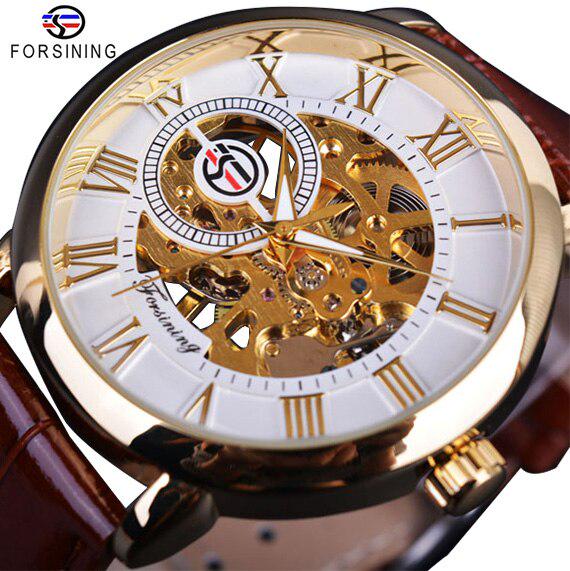 Forsining Orologio meccanico scheletrato in pelle con incisione cava con logo 3D, cassa in oro nero, marchio di lusso da uomo Heren Horloge