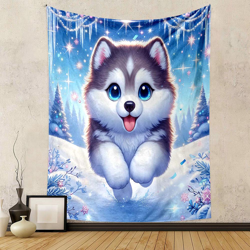 Cute Husky Puppy in Winter Wonderland Patterned Tapestry Decorative Wall Hanging, Home Bedroom Living Room Decor