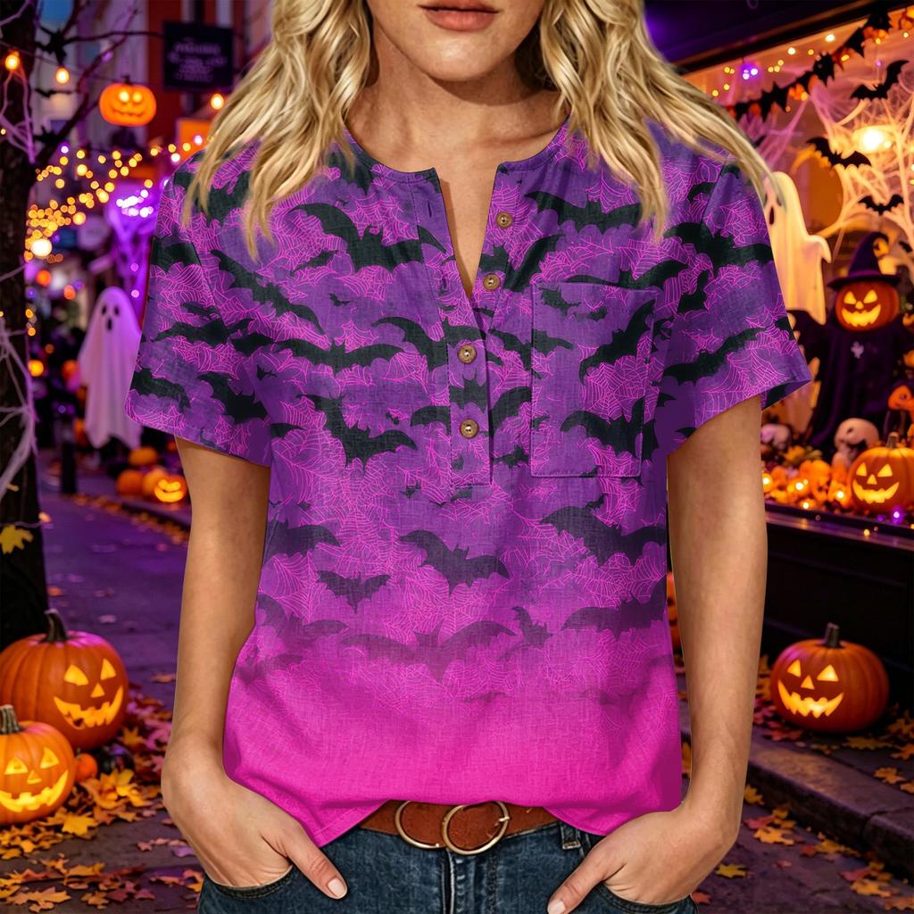 Women's Casual Halloween Print V Neck Short Sleeve Button Detail Three Quarter Sleeve T Shirt Top for Everyday Wear